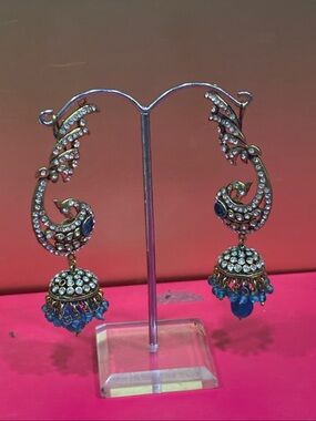 Gold-Tone Blue Crystal Jhumka Earrings - Women Jewelry